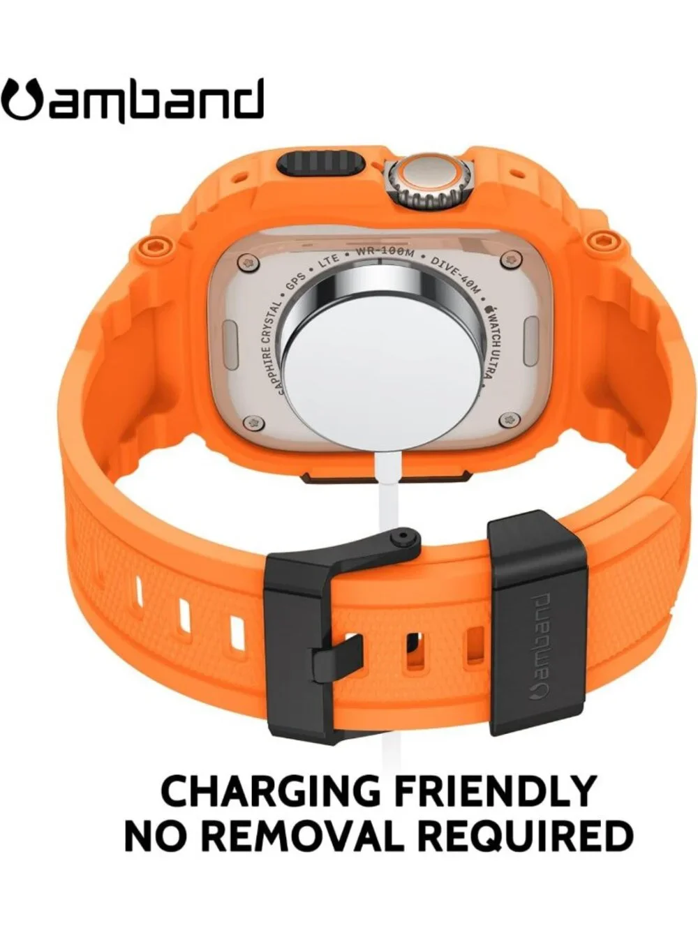Rugged Apple Watch Case & Screen Protector, 49mm, Tempered Glass, Orange Strap